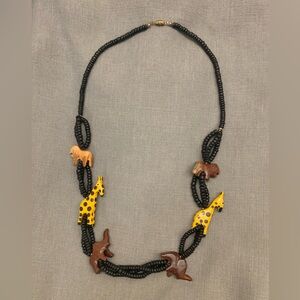 Carved Wood Necklace Black Beads Lion Giraffe Elephant African Animal Safari Art